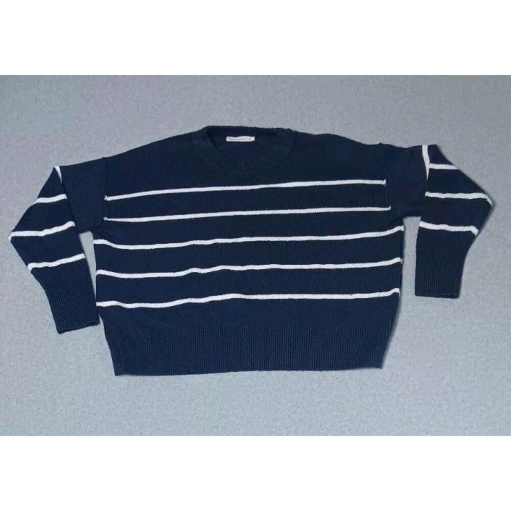 Moon Madison Wool Blend Sweater M Navy Blue White Stripes Coastal Nautical Boxy